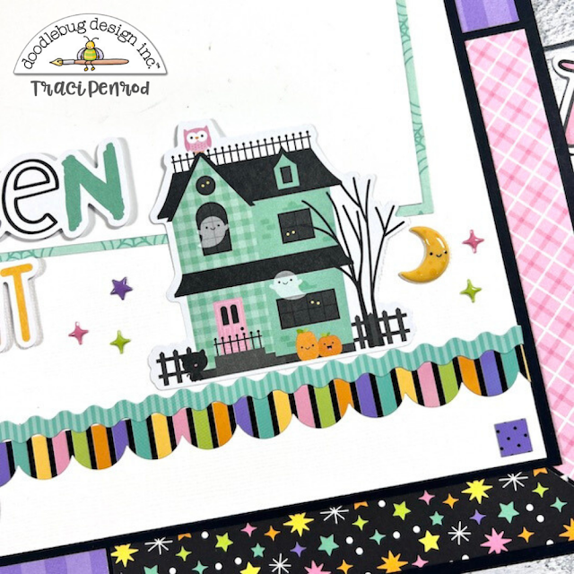 12x12 Halloween Scrapbook Page Layout with a cute haunted house, stars, and a moon