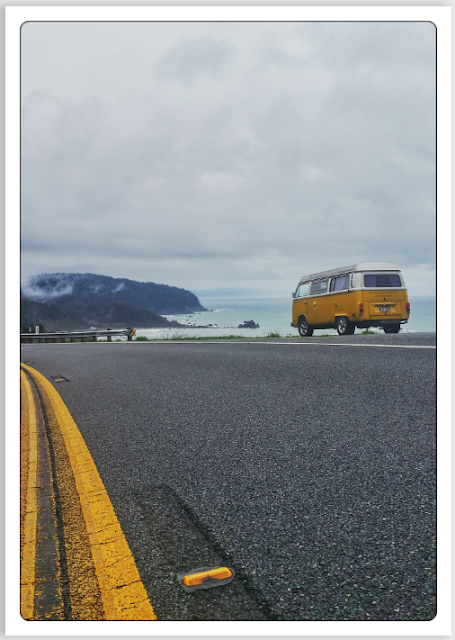 Volkswagen Type 2 Westfalia bus on Road 101 Oregon, USA