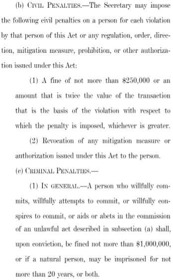 Strafabschnitt des Restrict Act in Schwarz-Weiß-Text