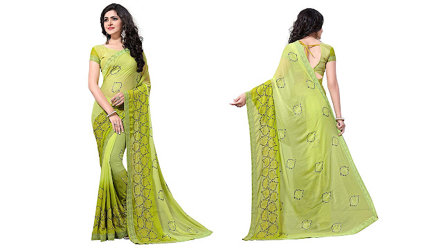 Fab Valley Women Georgette Heavy Latest Designer Embroidery Party Wear Party Wear Fancy Saree SareeWith Blouse Piece (Green)