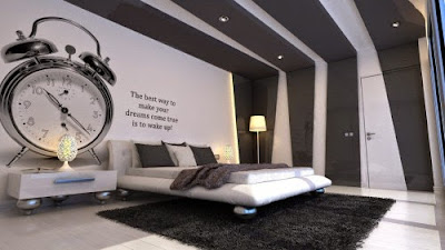 bedroom interior design black and white stripy walls