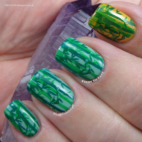 Double-stamped green bamboo forest nail art.