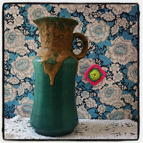 ByHaafner, vase, thrifted, blue wallpaper with flowers, doily, neon pink, granny square, crochet