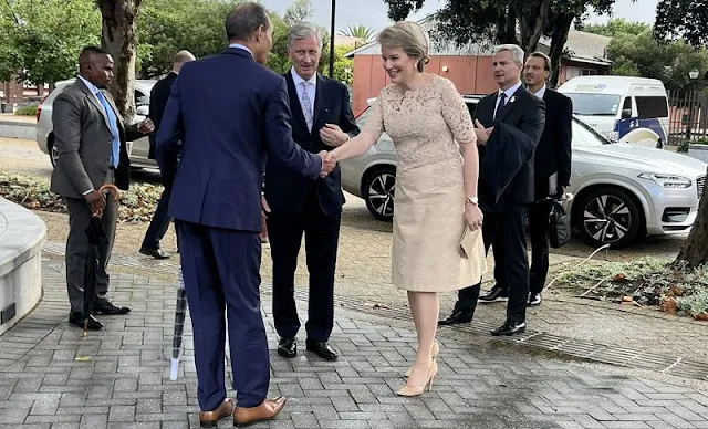 Natan Atelier Spring Summer 2016 collection. Queen Mathilde wore a beige lace midi dress by Natan