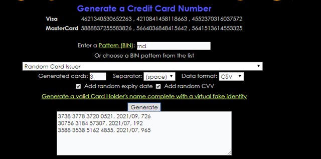 Generare Numeri Di Carta Di Credito Con Data Di Scadenza E