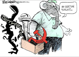 Republican Elephant carrying a tool box containing items labeled 