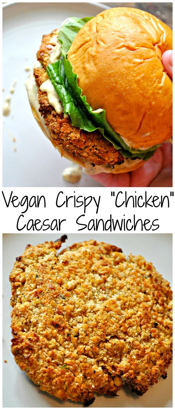 Super crispy baked chickpea "chicken", the best vegan Caesar dressing and romaine lettuce on your favorite bun. This is the best sandwich of all time!