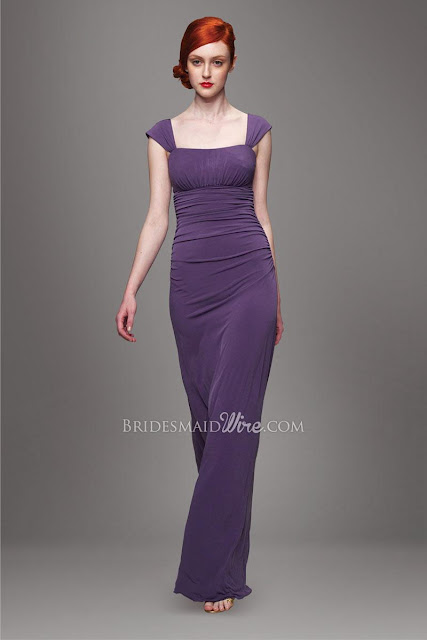 Light Purple Cap Sleeves Square Neckline Ruched Empire Waist Floor Length Bridesmaid Dress