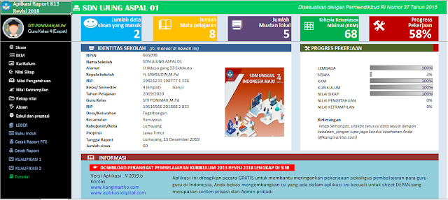 Aplikasi Raport K13 SD Kelas 1 s/d 6 Semester 1 2019