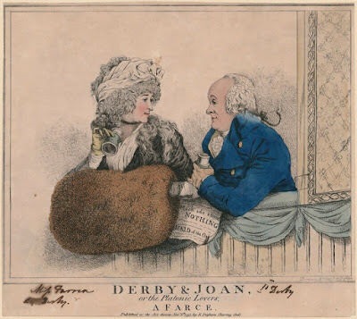 'Derby & Joan or the platonic lovers, a farce' (Elizabeth, Countess of Derby;  Edward Smith Stanley, 12th Earl of Derby) by and published by Robert Dighton  hand-coloured etching, published 6 November 1795  7 7/8 in. x 8 7/8 in. (199 mm x 226 mm) paper size  Purchased with help from the Friends of the National Libraries   and the Pilgrim Trust, 1966 Reference Collection © NPG D9306