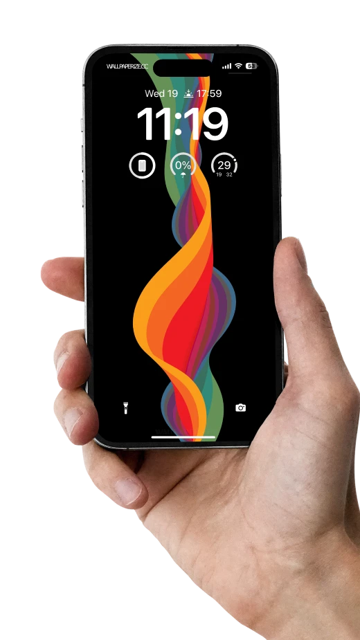 iPhone wallpaper featuring a colorful twisting ribbon with a spectrum of rainbow hues against a black background.