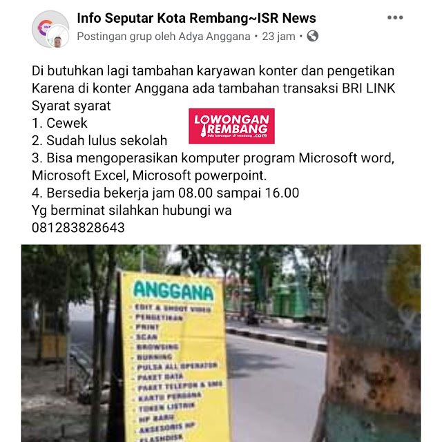 Lowongan Kerja Pegawai Anggana  Konter Dan Pengetikan Rembang Tanpa Syarat Pendidikan