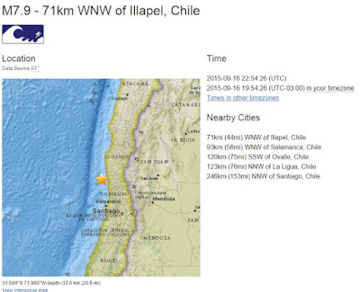 Epicentro sismo 7,9 grados costa de Chile 16 de Septiembre 2015