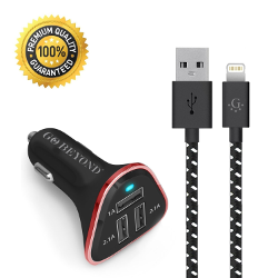 Go Beyond (TM) 3 Port 5.2 Amp Rapid USB Car Charger - Charging 3 Devices at Full Speed With Smart Sharing IC Intelligent for iPhone, iPad, iPod, Samsung and all devices (Red + 3 FT Black Cable)