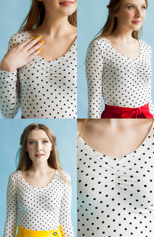 Four views of model wearing polka dot jersey top with sweetheart neckline