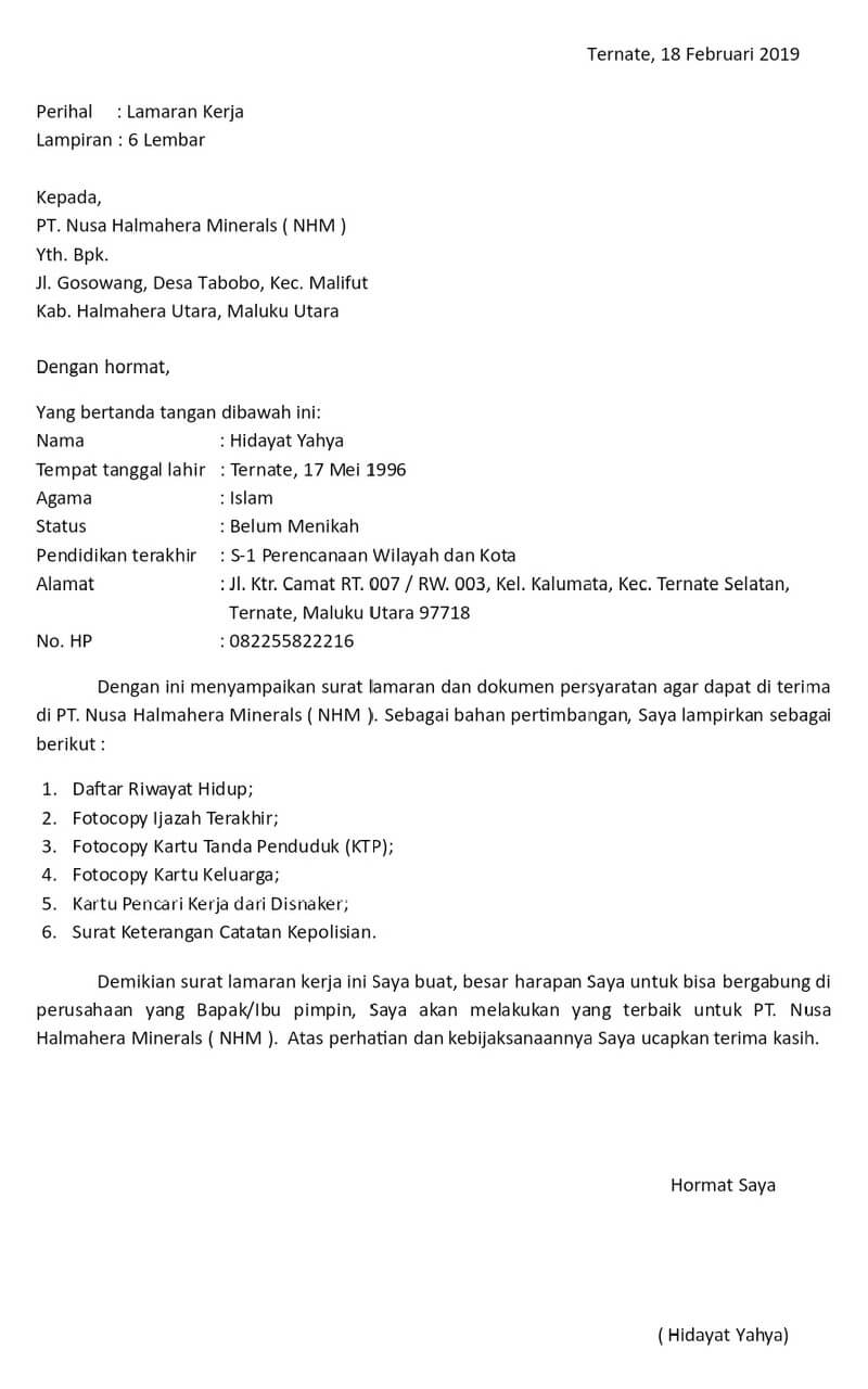Contoh Surat Lamaran Kerja PT Nusa Halmahera Minerals