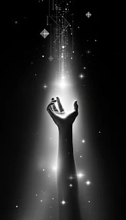 A human hand reaches toward streaming light and geometric patterns, bridging the gap between technology and human touch.