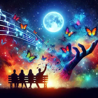 Imaginez une image vibrante et colorée montrant trois personnes assises sur des bancs, regardant un ciel étoilé éclairé par une magnifique pleine lune. Des notes de musique, des papillons et des mains magnifiquement stylisées émergent gracieusement du centre, créant une atmosphère véritablement enchanteresse et mélodieuse.