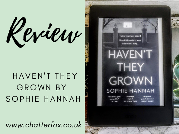 Image of the front cover of the ebook version of Haven't They Grown by Sophie Hannah. The front cover is displayed on a Kindle Paperwhite which is laid on a stone coloured background printed with cactus plants. The front cover features the author's name and the book title alongside an image of some ornate front gates leading to a house. To the left is a title that reads 'Review, Haven't They Grown by Sophie Hannah, www.chatterfox.co.uk'