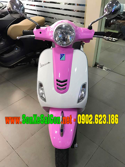 Sơn xe Vespa LX màu trắng hồng cực đẹp