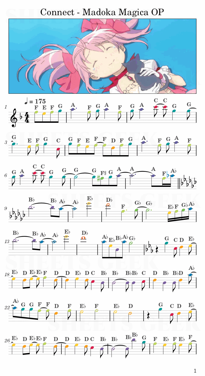 Connect - Madoka Magica OP Easy Sheets Music Free for piano, keyboard, flute, violin, sax, celllo 1