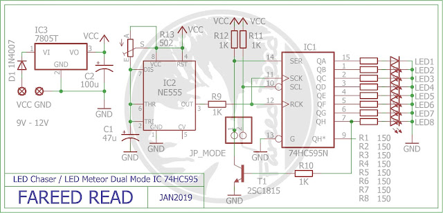 skema Lampu Jetbus 2 Mode Menggunakan IC 74HC595 | Mode Jetbus dan Mode LED Meteor / LED Chaser