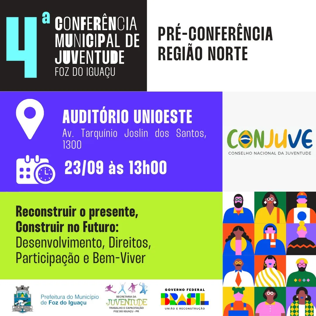 A cidade de Foz do Iguaçu está em plena mobilização para a IV Conferência Municipal de Juventude, um evento que promete ser um marco na discussão das questões que afetam os jovens da região. Com o tema “Reconstruir no Presente, Construir no Futuro: Desenvolvimento, Direitos, Participação e Bem Viver”, a conferência está alinhada com a programação da Conferência Nacional da Juventude (CONJUVE) e representa um momento crucial para os jovens da cidade.  O processo de preparação para a conferência começou com as pré-conferências, que tiveram início no dia 18 de setembro, na Fundação Cultural, representando os jovens da região centro/oeste de Foz do Iguaçu. Nos próximos dias, as regiões sul, leste e norte também terão suas pré-conferências, envolvendo jovens em debates e discussões sobre temas essenciais para o seu futuro.  Para garantir a representatividade de todas as regiões da cidade, outras três pré-conferências estão programadas para este mês. No dia 20/09, a região leste realizará sua pré-conferência na Associação Fraternidade Aliança (AFA) às 19h. A região sul terá seu encontro no dia 22/09, às 14h, no Teatro Barracão. Em seguida, no dia 23/09, o auditório da Unioeste será o local da pré-conferência, com início às 13h. E, encerrando este ciclo de pré-conferências, a região norte se reunirá no dia 27/09, às 19h, na Associação de Moradores dos Três Bandeiras.  As pré-conferências, que abordam eixos temáticos como cidadania, educação, diversidade, saúde, cultura, esporte, meio ambiente, mobilidade e justiça, servem como uma plataforma para a formulação de propostas debatidas e levadas à IV Conferência Municipal. Além disso, esses encontros são vitais para a eleição dos delegados que representarão a cidade nas instâncias estadual e federal, garantindo que as preocupações específicas da região de fronteira sejam ouvidas ao nível mais amplo.  A IV Conferência Municipal de Juventude está programada para o dia 30 de setembro, com local e horário a serem anunciados em breve. Este evento promete ser um espaço onde os jovens de Foz do Iguaçu poderão dar voz às suas aspirações, contribuindo para moldar o futuro da cidade de acordo com suas necessidades e desejos. O tema “Reconstruir no Presente, Construir no Futuro” reflete a visão coletiva de uma juventude engajada em criar um amanhã mais promissor para todos.  Estas reuniões são fundamentais para os jovens poderem contribuir com propostas e eleger delegados que representarão suas preocupações nas instâncias estadual e federal, considerando as particularidades da região de fronteira. O futuro da juventude de Foz do Iguaçu está sendo moldado em um processo democrático e participativo, com a visão de “Reconstruir no presente, Construir no Futuro” como guia para a transformação que almejamos para nossa cidade.