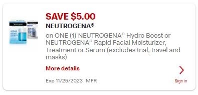 $5.00/1 - Neutrogena Hydro Boost or Rapid Facial Moisturizer CVS APP ONLY MFR Digital Coupon (go to CVS App)