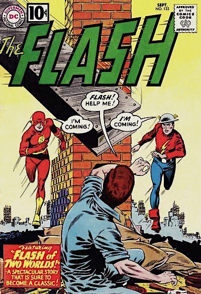 Earth-One and Earth-Two Flashes running on either side of a brick wall as man in foreground with a falling girder inches above him shouts 'Flash! Help me!' and each Flash replies 'I'm coming!'