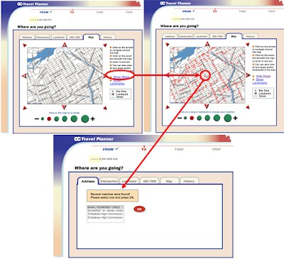 Figure 5. These three steps demonstrate the quickest way a user is able to find and select a bus stop using the old OC Travel Planner's map functionality.