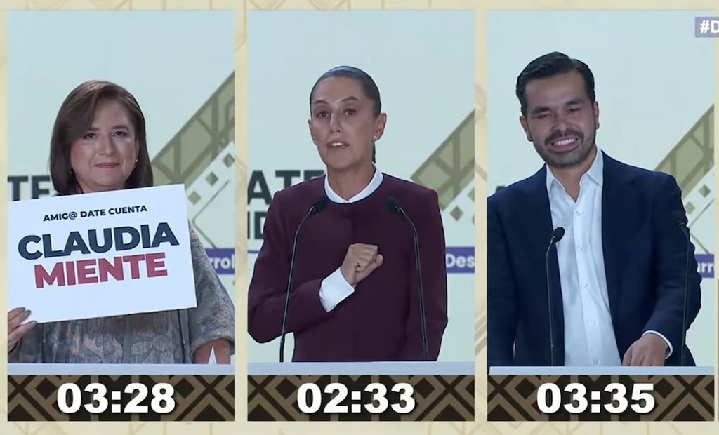 Xóchitl Gálvez, Claudia Sheinbaum y Jorge Álvarez Máynez en el segundo debate presidencial del INE 2024 | Ximinia