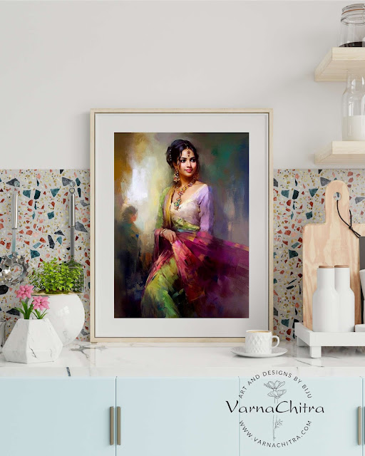 beautiful painting of an indian girl by Biju Varnachitra, large size high quality figurative painting as instant download