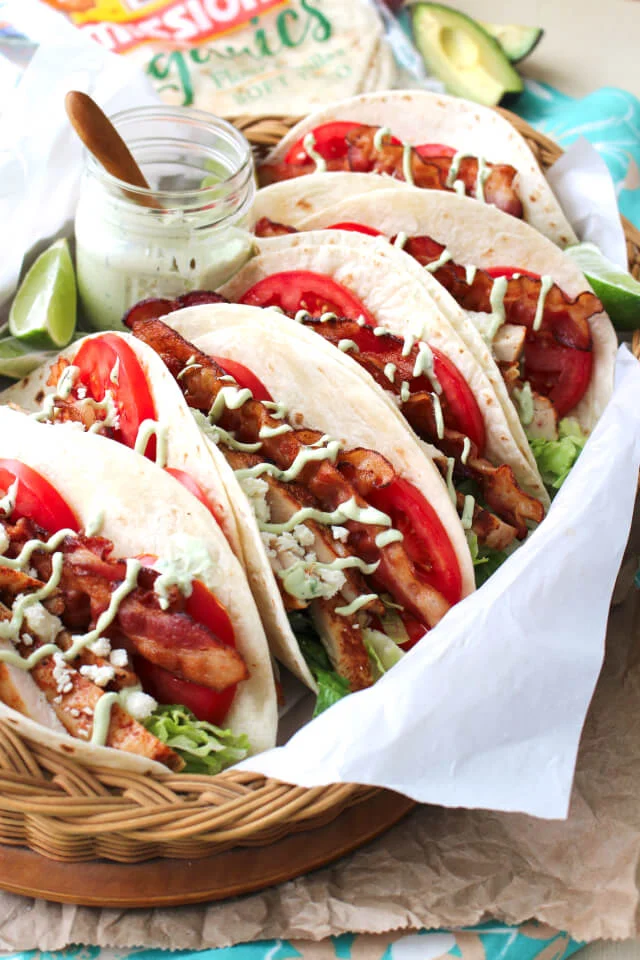 BLT Grilled Chicken Tacos are a fresh and summery twist on tacos made with classic BLT ingredients, dry-rubbed grilled chicken, and a cool avocado ranch drizzle. #MissionOrganics #ad @missionfoods