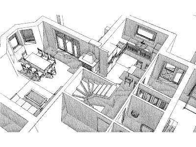 Architekt Rzeszów. Dom jednorodzinny, wizualizacja parteru, kuchnia, jadalnia, schody, gabinet, garaż.