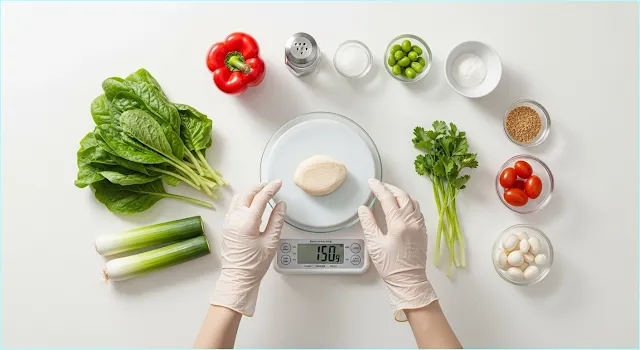 깔끔한 주방 환경에서 위생 장갑을 낀 손이 디지털 저울에 재료를 정확히 계량하는 탑다운 사진. 프랜차이즈의 맛을 일관되게 유지하기 위한 정확한 레시피 준수를 시각적으로 보여준다.