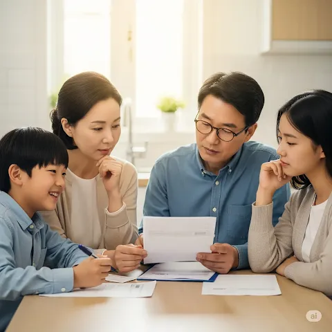 공과금 바우처 신청 및 지급, 서류 준비를 하는 가족 이미지