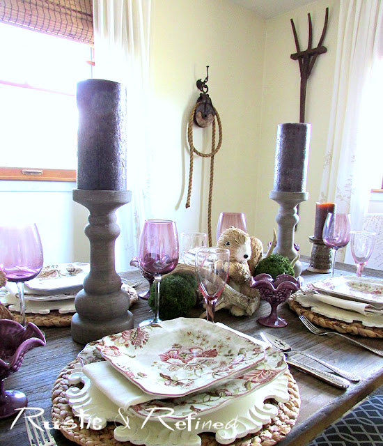 Spring tablescape in the dining room using traditional dishes, color and texture