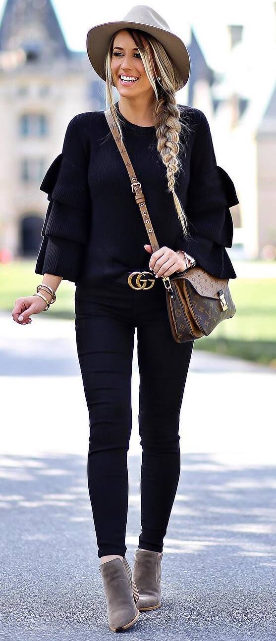 black and nude fall trends / hat + sweater + bag + skinnies + boots