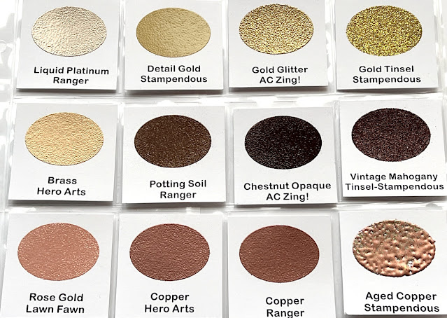 Snippets of Mendi Blog: Color Swatch Charts Comparing Ranger Liquid Platinum, Copper, Potting Soil, Lawn Fawn Rose Gold, Hero Arts Satin Pearl, Brass & Other Metallic Embossing Powders