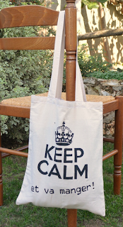 Tote bag Keep calm... et va manger ! coton beige anse 25x35 cm. pochoir peint à la main.