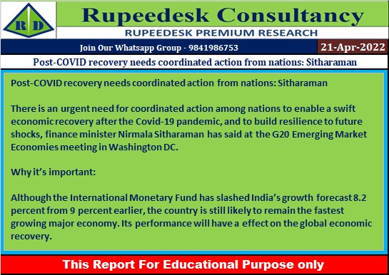 Post-COVID recovery needs coordinated action from nations: Sitharaman - Rupeedesk Reports - 21.04.2022