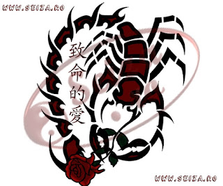 scorpion tattoo / rose tattoo / chinese writing tattoo