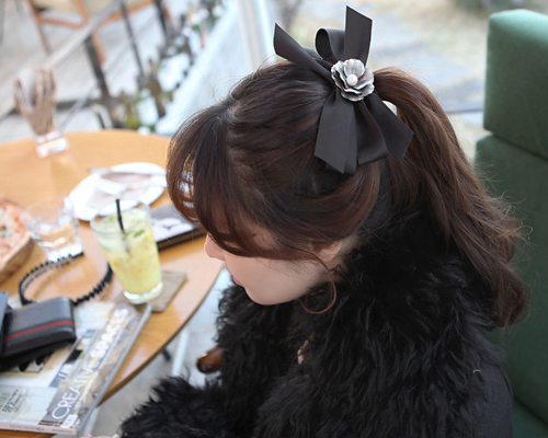 Black Ribbon Hairpin w/ Flower Detail