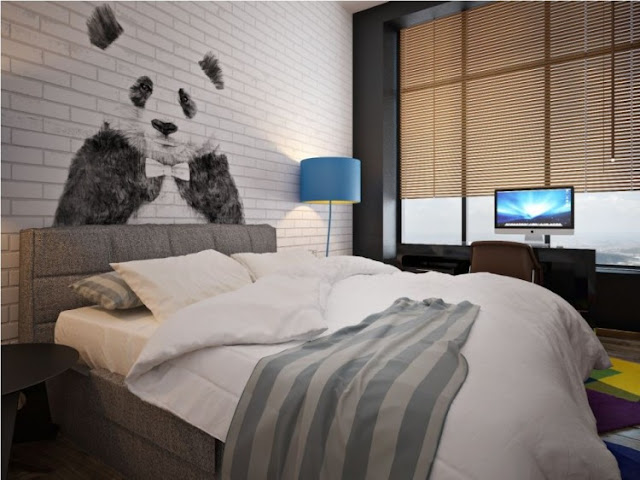 Bedroom with panda on the wall 