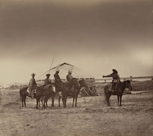 A woman (first from right) and four men on horses preparing to "kidnap" her. Kyrgyz steppe, between 1871 and 1872