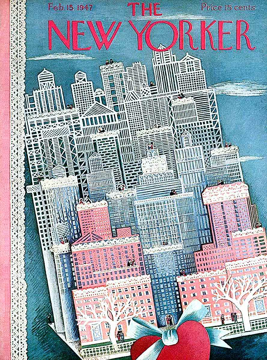 an Ilonka Karasz illustration for the Feb. 15 1947 New Yorker magazine, an urban skyline valentine