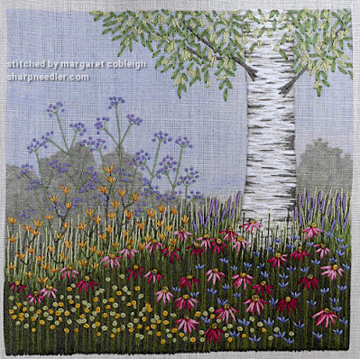Embroidered flowers added. (Jo Butcher: Under the Silver Birch)
