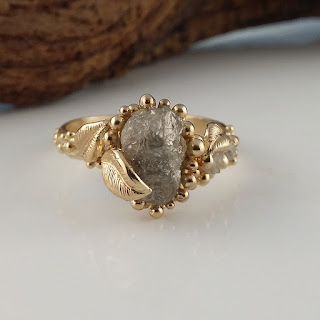 Leaf engagement ring, Rough diamond, cruelty free diamonds, 3 gemstone rings, Gold engagement ring, stacking rings, promise ring, anniversary ring, statement ring