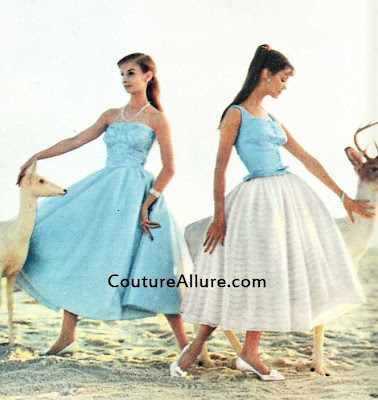 From 1957 the blue dress on the left by Dansant has a tulle sequined bodice