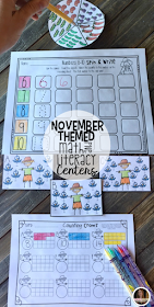 November Math and Literacy Centers for Kindergarten